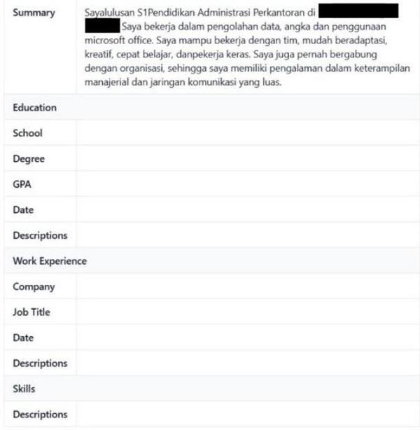 OpenResume parser results showing empty fields, meaning the CV failed to parse correctly